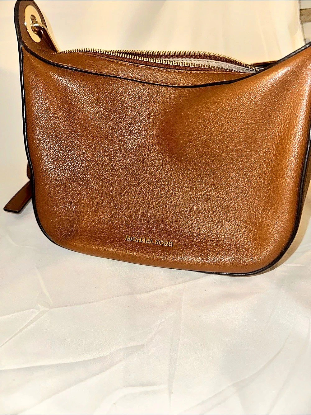 Michael Kors Cognac Brown Leather Shoulder Bag Gold Grommet Hardware